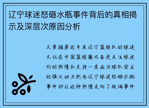 辽宁球迷怒砸水瓶事件背后的真相揭示及深层次原因分析