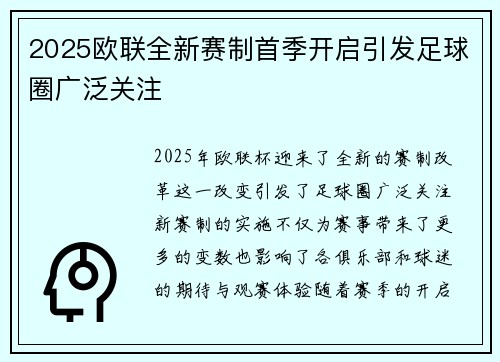 2025欧联全新赛制首季开启引发足球圈广泛关注 2025欧联全新赛制首季开启引发足球圈广泛关注